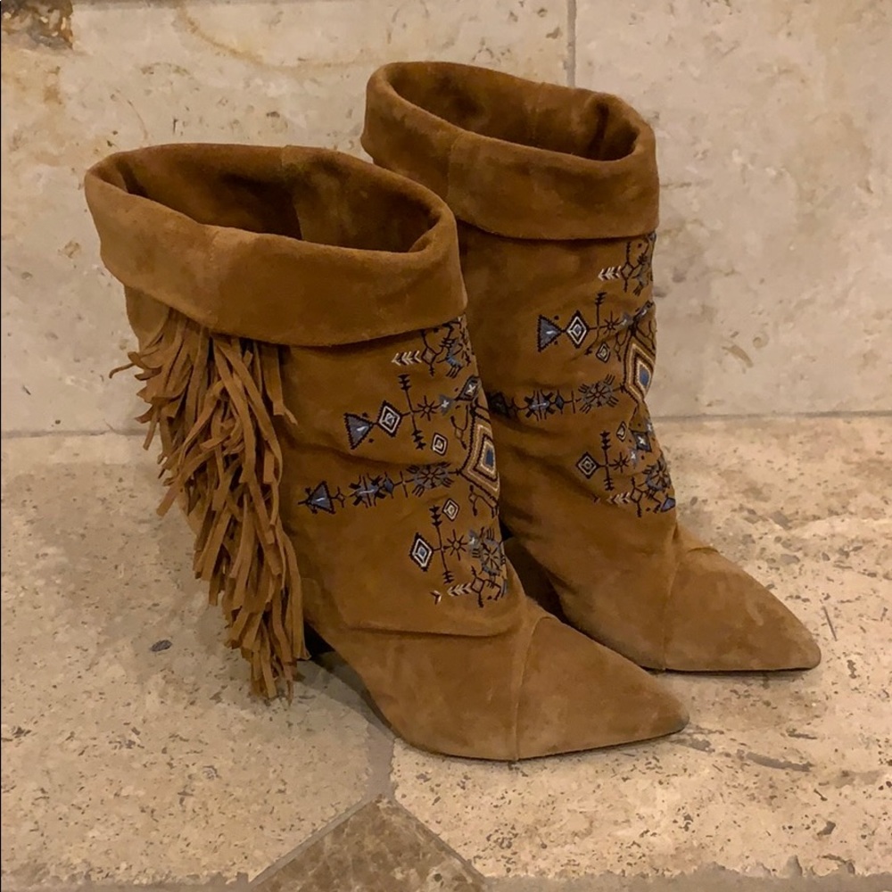 Isabel Marant Embroidered Lesten Fringe Boots Tan